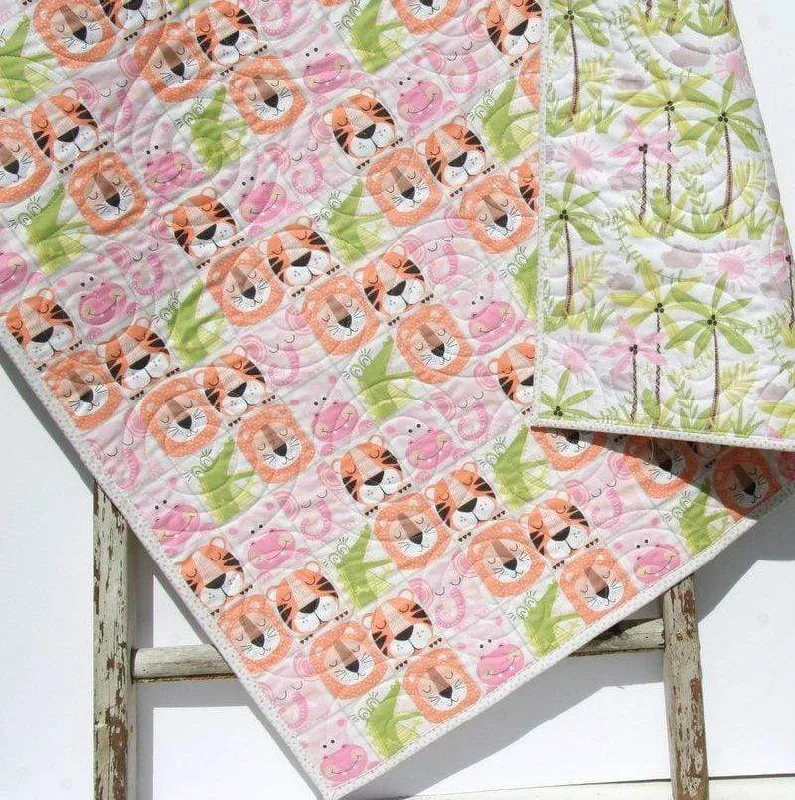 Quick Deals Baby Blanket, Pastel Quilt, Animals Nursery, Girl Heirloom Gift, Infant Bedding, Crib Cot, Palm Trees, Lion Tiger Hippo, Elephant Pink