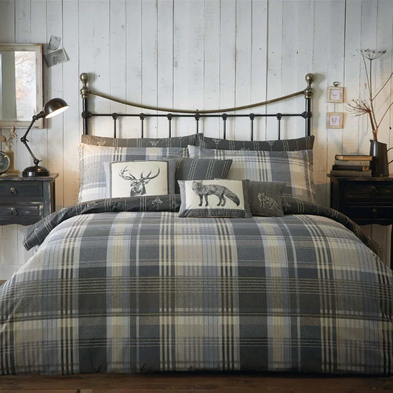 Deal of the Day Connolly Check Flannelette Brushed Cotton Duvet Cover Charcoal