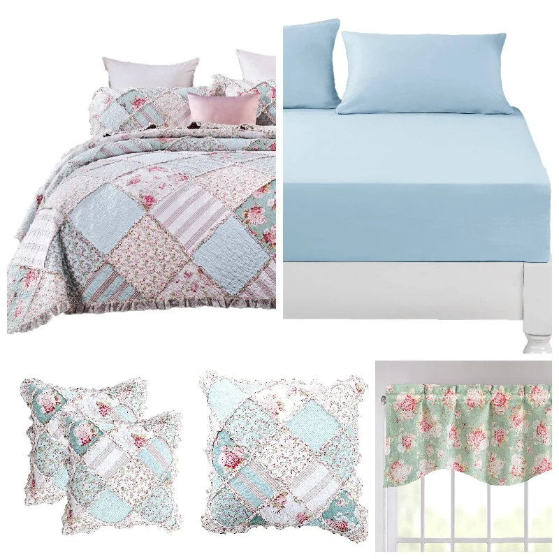 Weekend Deal DaDalogy Bedding Bed in a Bag Bundle Set - Hint of Mint Cottage Floral Pastel Patchwork Bedspread Set (JHW3036)