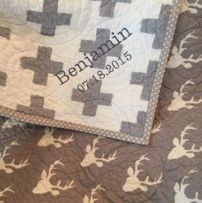 Unmissable Offer SALE Modern Crib Bedding, Quilts, Gray Buck Blanket, Buck Baby Quilt, for Sale, Deer Nursery Decor, Plus Signs, Geometric Minimalist Toddler